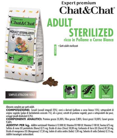 Chat & Chat Adult Sterilized White Meat Poultry | Szárnyashúsos táp ivartalanított macskáknak Olaszországból