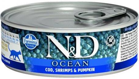 N&D Cat Ocean Cod, Shrimp & Pumpkin - Tőkehalas, garnélarákos és sütőtökös konzerv macskáknak