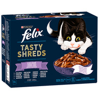 Felix Tasty Shreds vegyes válogatás - Marha, csirke, lazac és tonhal tépett falatok szószban macskáknak - Multipack