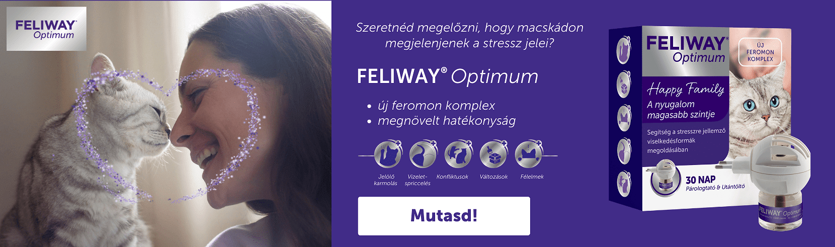 Feliway Optimum nyugtató hatású párologtató készülék és utántöltő macskáknak a feromonok új generációjával
