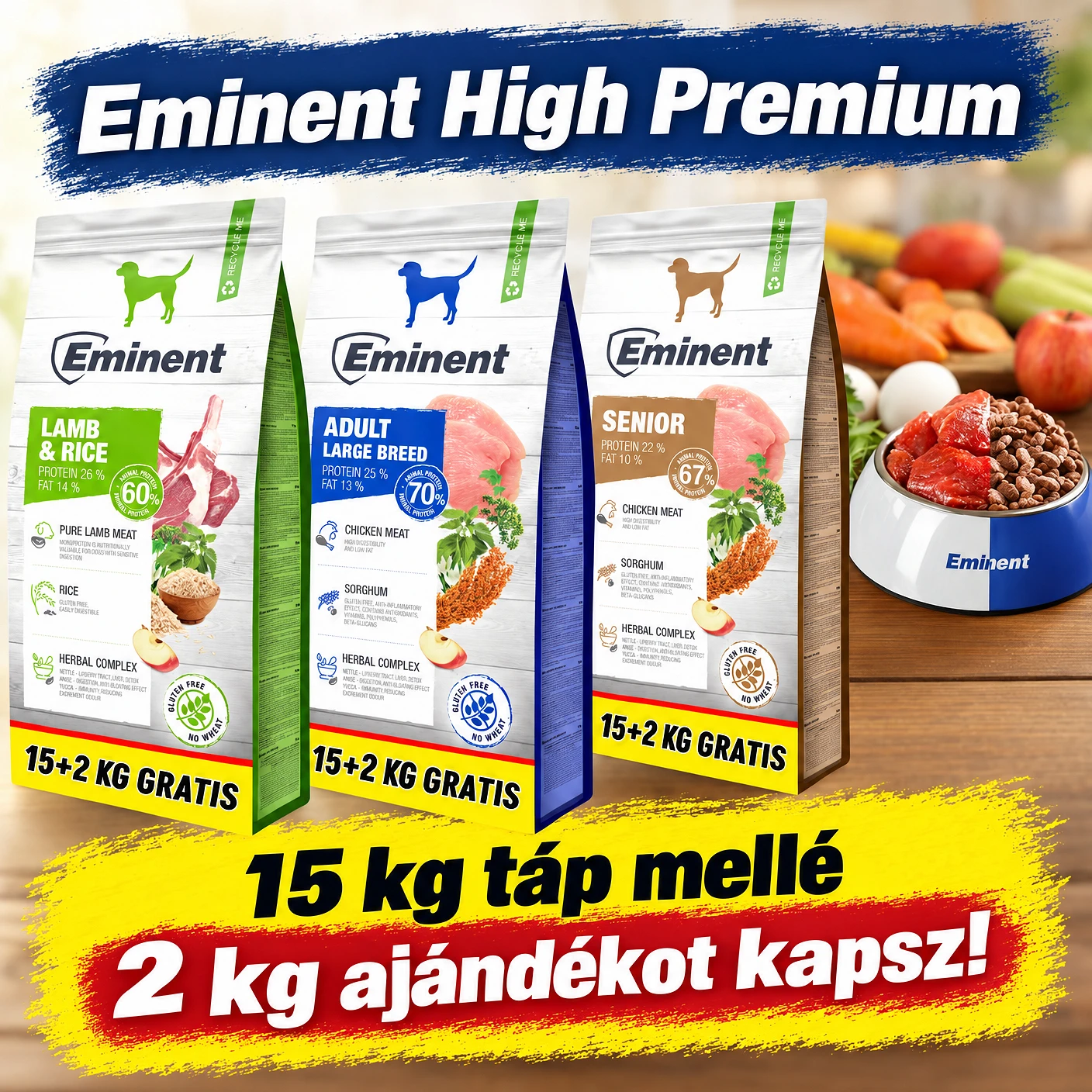Eminent High Premium Lamb & Rice, Adult Large Breed és Senior kutyatápok 15 + 2 kg-os kiszerelésben