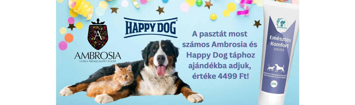 4499 Ft értékű Petamin Emésztés Komfort paszta ajándékba egyes Ambrosia és Happy Dog tápokhoz