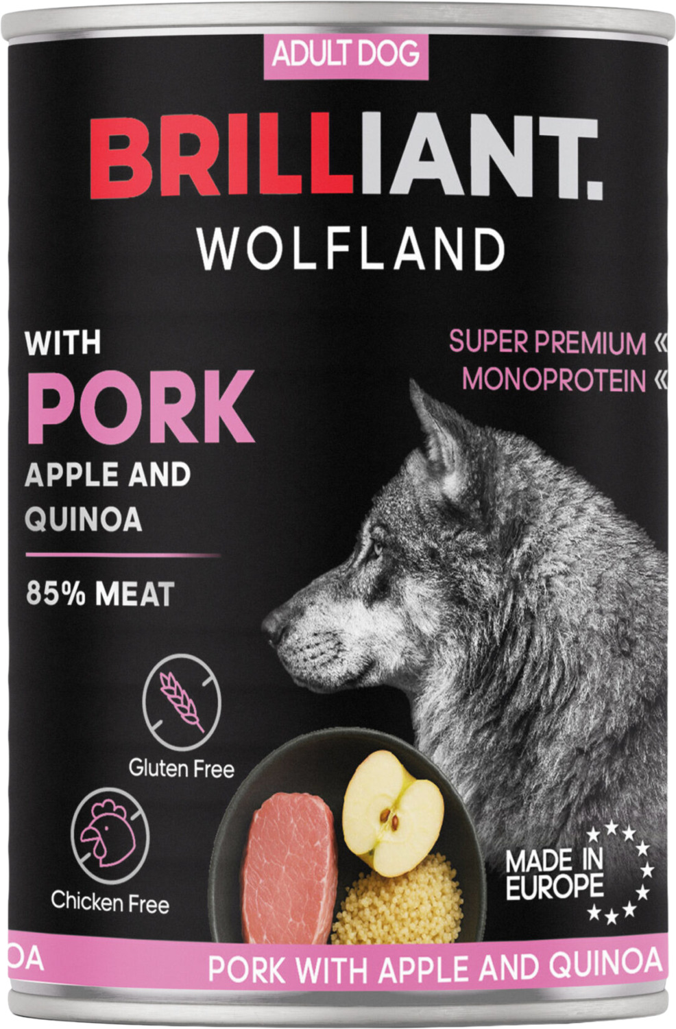 Brilliant Wolfland conserve premium pentru câini cu carne de porc și măr