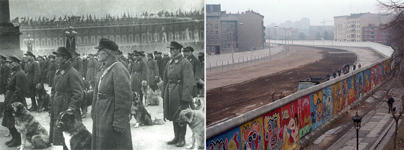 Kaukázusi juhászkutya szovjet katonákkal és a berlini fal