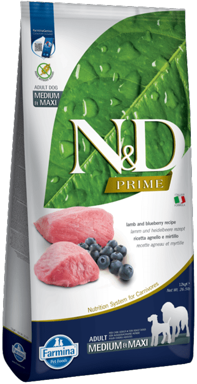 N&D Dog Prime Adult Medium & Maxi Lamb & Blueberry | Száraztáp közepes testméretű kutyáknak bárányhússal és vörös áfonyával