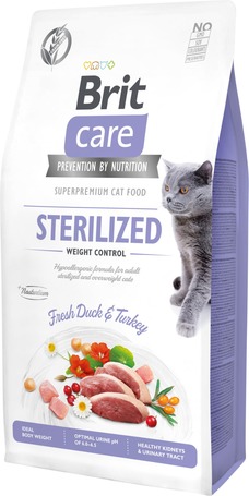 Brit Care Cat Sterilized Weight Control - Fresh Duck & Turkey - Hipoallergén, gabonamentes eledel túlsúlyos, kasztrált macskáknak
