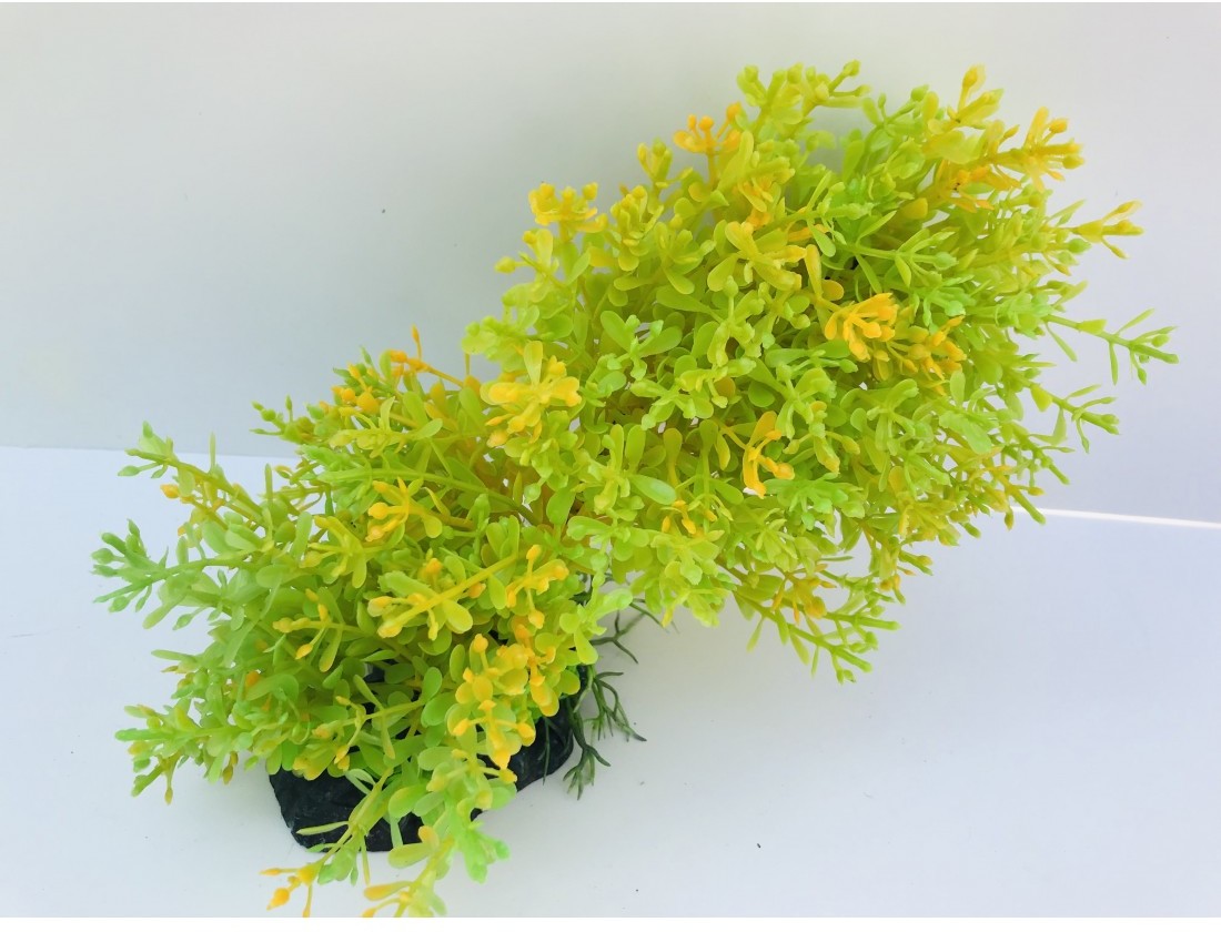 Plantă artificială de acvariu cu frunze și lăstari verzi și galbeni, cu tulpină flexibilă