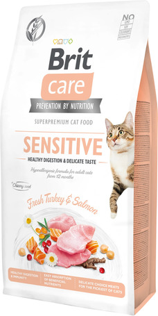 Brit Care Cat Sensitive Healthy Digestion & Delicate Taste Fresh Turkey & Salmon - Hipoallergén, gabonamentes eledel érzékeny emésztésű macskáknak