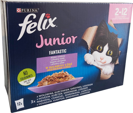 Felix Fantastic Junior aszpikos eledel csirkével, marhával, lazaccal és szardíniával kölyökmacskáknak - Multipack