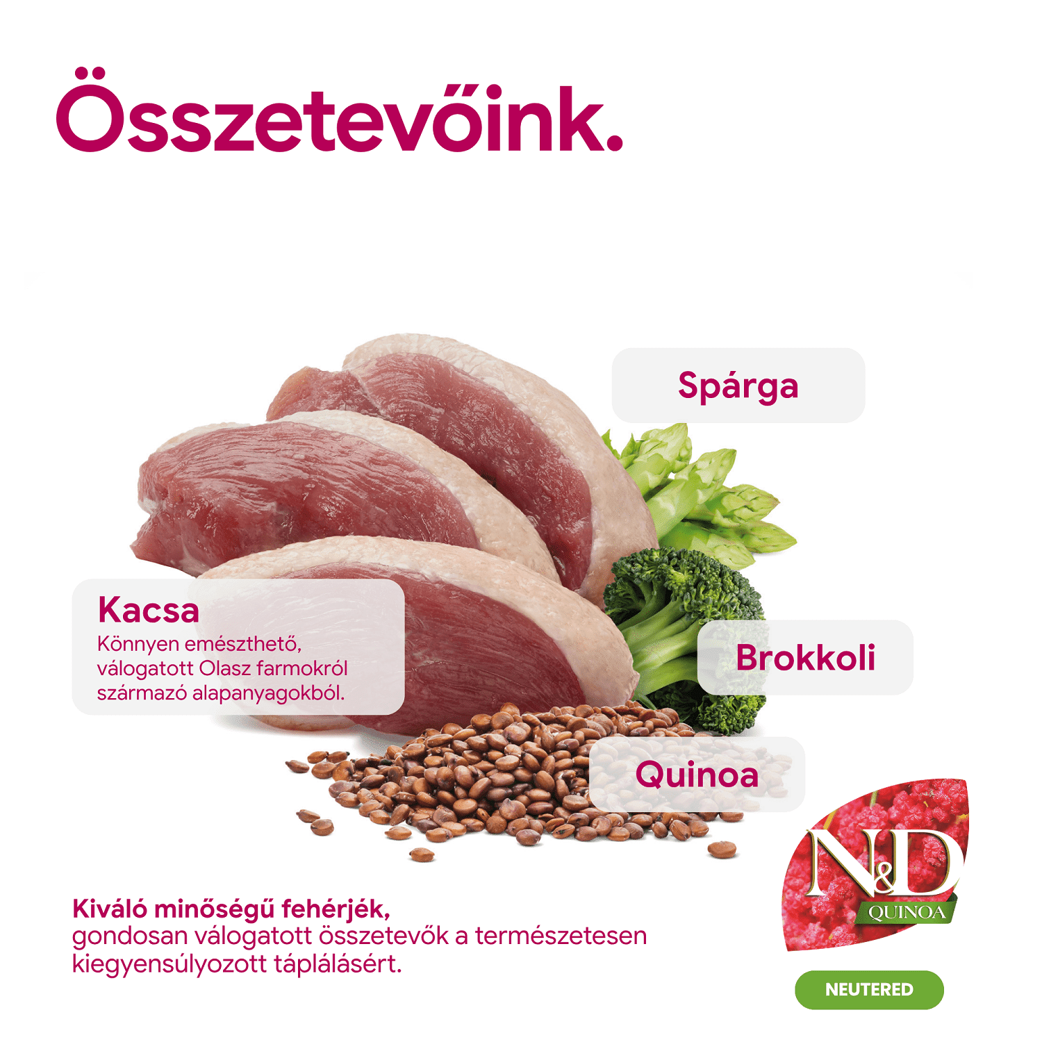 N&D Dog Quinoa Neutered Adult Mini kacsa, brokkoli és spárga