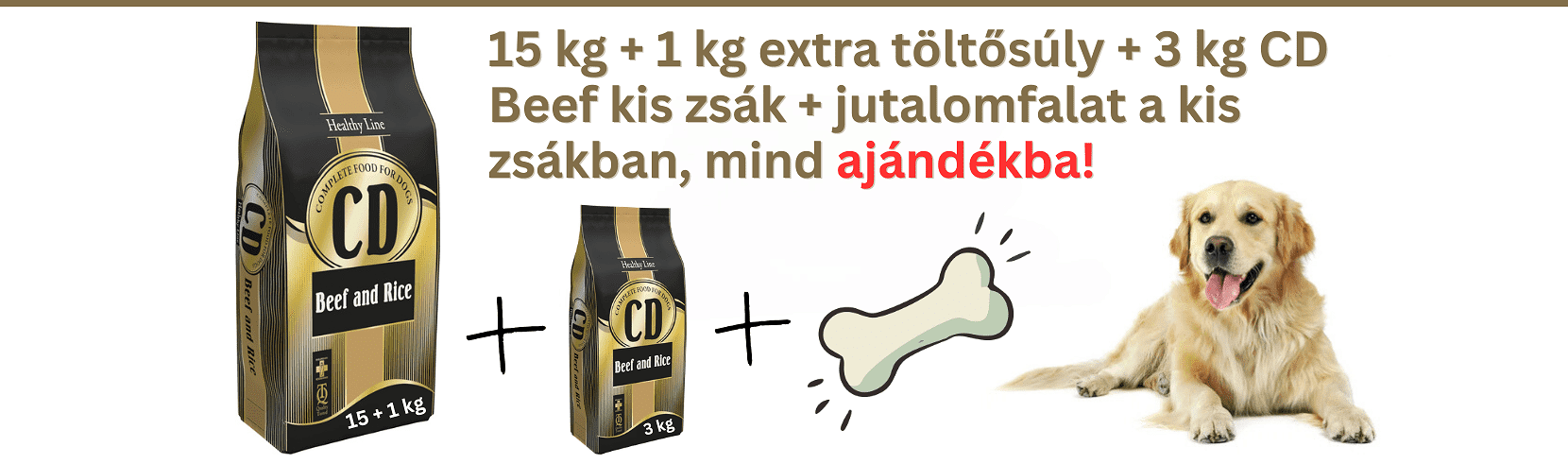 CD Beef & Rice 15 kg + 1 kg extra töltősúly + 3 kg CD Beef kis zsákos kutyatáp + jutalomfalat a kis zsákban, mind ajándékba