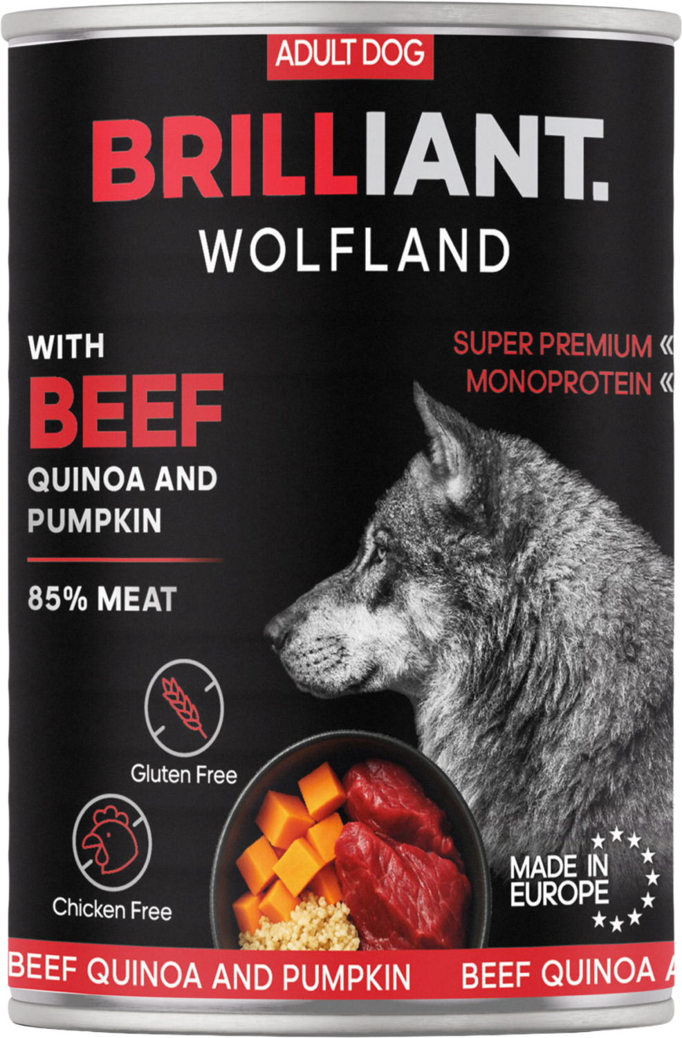 Brilliant Wolfland conserve premium pentru câini  cu carne de vită și dovleac