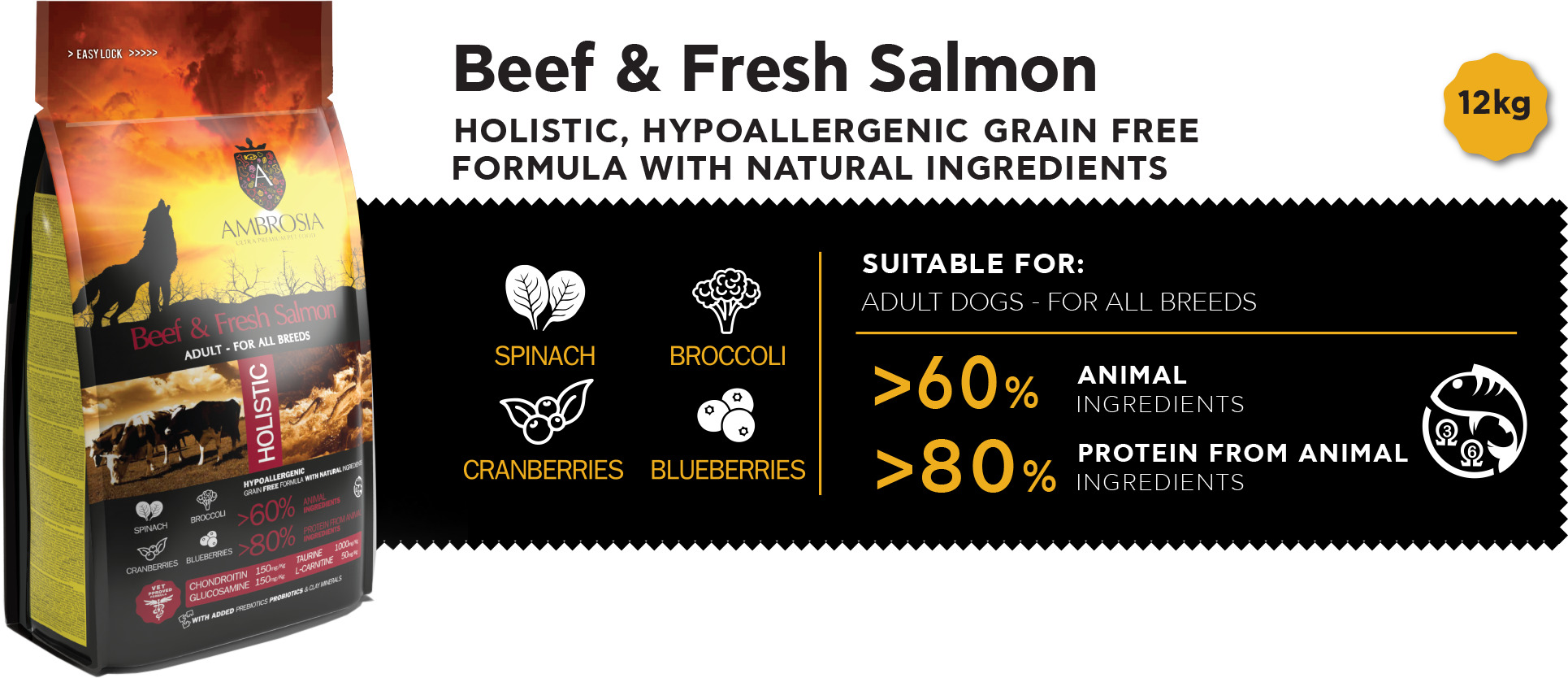 Ambrosia Dog Adult GF Beef & Fresh Salmon - Info
