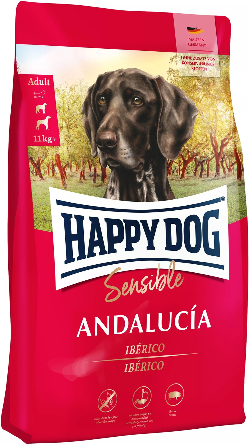 Happy Dog Andalucía hrana pentru câini cu carne de porc iberică și amestec de legume mediteraneene