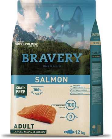 Bravery Dog Adult Medium/Large Grain Free Salmon | Kutyatáp Spanyolországból közepes és nagy termetű felnőtt kutyáknak | Gabonamentes