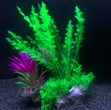 Hínár és tengerifű együttes, akváriumi műnövény talpán apró levelekkel