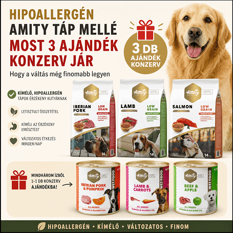 Hipoallergén Amity táp mellé most 3 ajándék konzerv jár – hogy a váltás még finomabb legyen