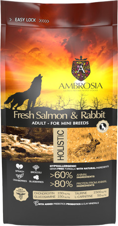 Ambrosia Dog Adult Mini GF Fresh Salmon & Rabbit | Gabonamentes táp kistestű kutyáknak friss lazaccal és nyúlhússal