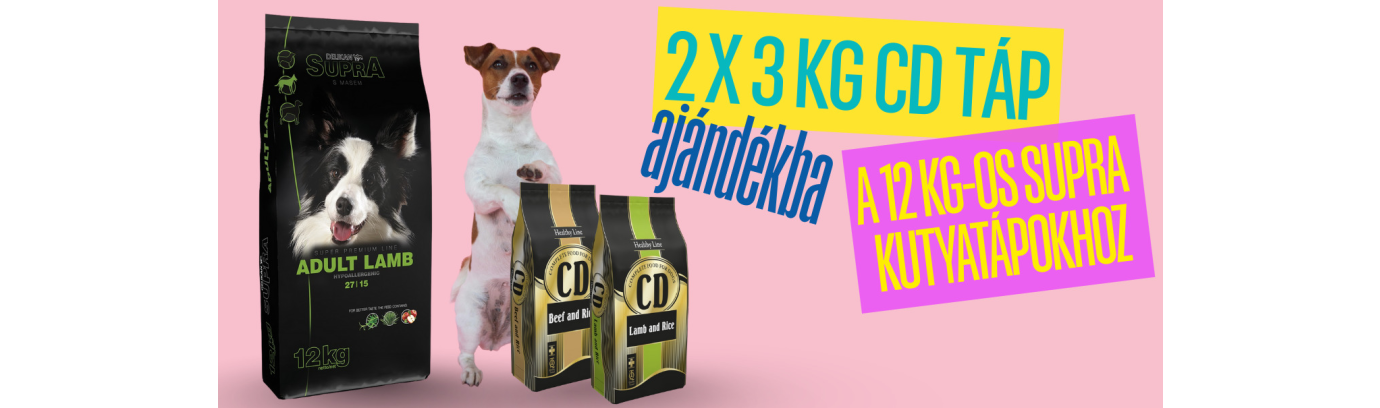 Most 2 db 3 kg-os CD tápot adunk ajándékba🎁 a 12 kg-os Supra kutyatápokhoz