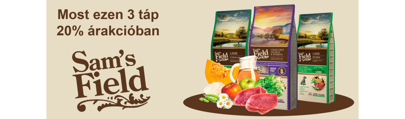 A Sam's Field kutyatápokhoz most akár 20%-os árengedménnyel is hozzájuthatsz nálunk