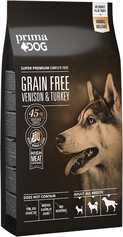 PrimaDog Grain Free Adult All Breed Venison & Turkey hrană uscată pentru câini, fără cereale