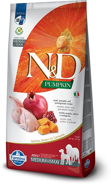 N&D Dog Grain Free Adult Medium/Maxi dovleac, prepeliță & rodie hrană super premium pentru câini