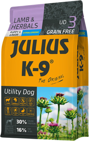 Julius-K9 GF Hypoallergenic Utility Dog Puppy & Junior Lamb & Herbals | Érzékeny emésztésű kölyökkutyáknak | Szárazeledel