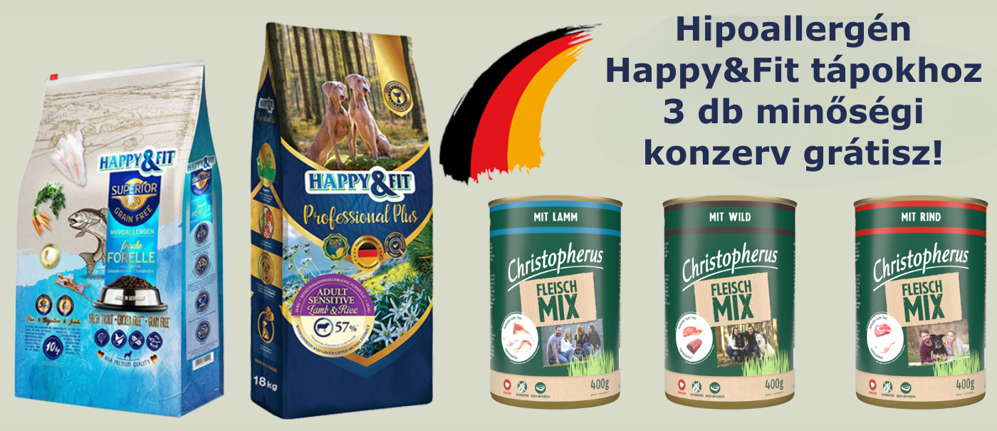 Hipoallergén Happy&Fit tápokhoz 3 db minőségi konzerv grátisz