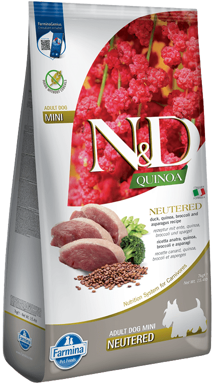 N&D Dog Quinoa Neutered Adult Mini kacsa, brokkoli és spárga